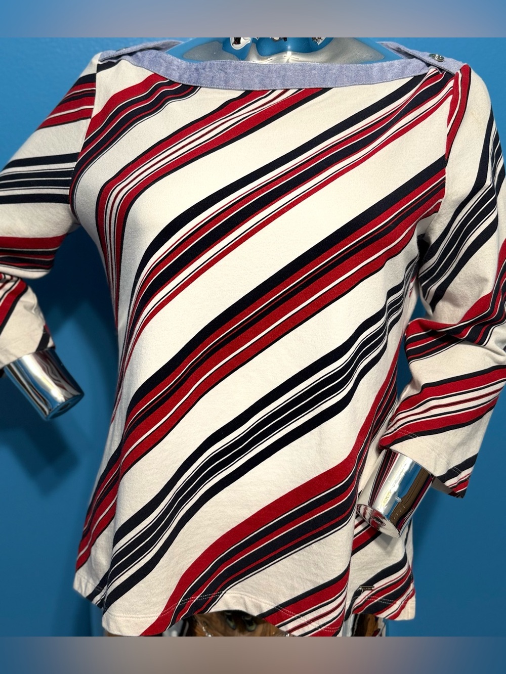 Tommy Hilfiger Diagonal Stripe Boatneck Top in Red, Black & White